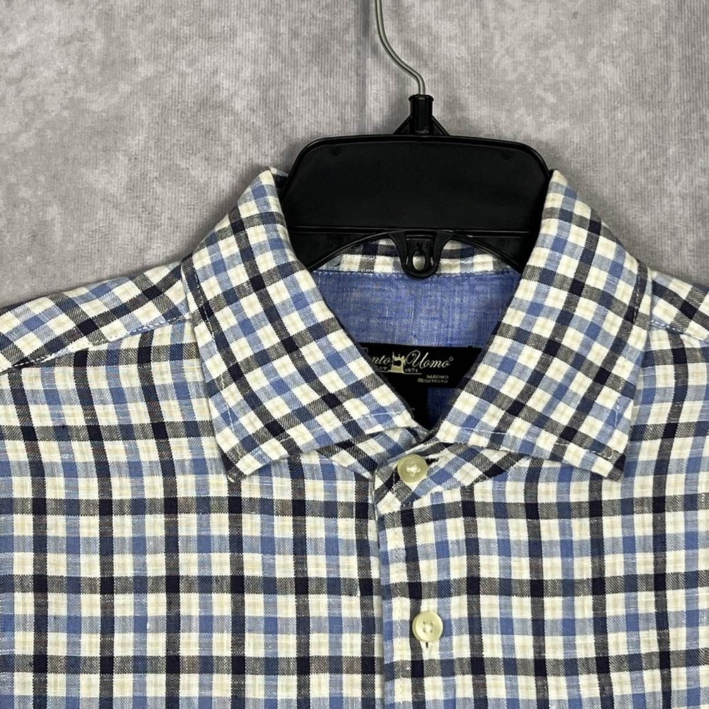 Pronto Uomo Men's L 100% Linen Blue Gingham Short Sleeve Shirt Vietnam
